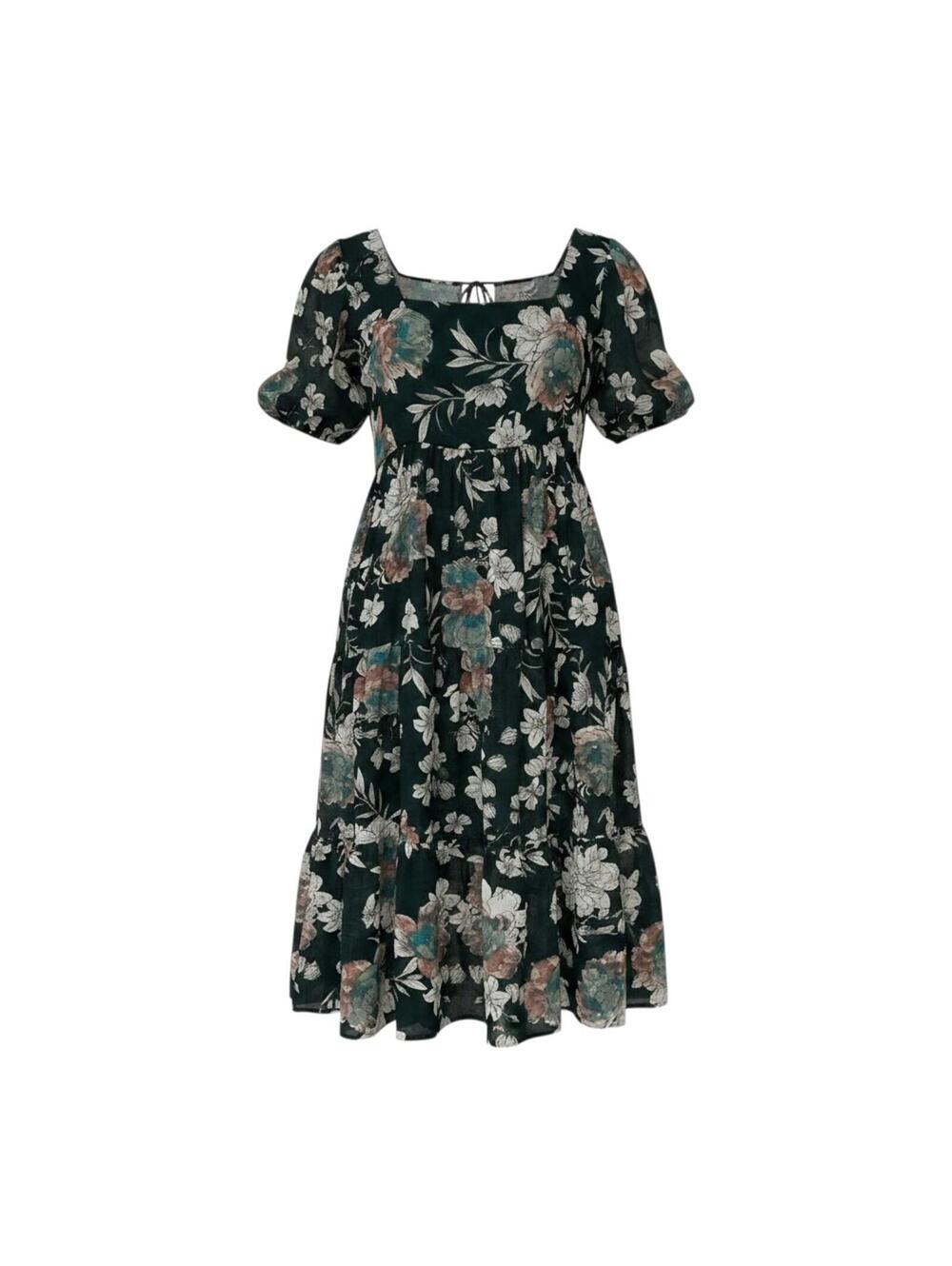 Dark Green Floral Puff Sleeve Maxi Dress